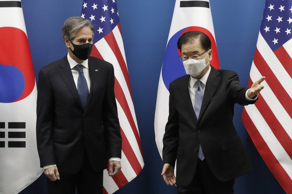 U.S. Secretary of State Antony Blinken, left, meets South Korean Foreign Minister Chung Eui-yong prior to the Foreign and Defense Ministerial Meeting between South Korea and U.S. at the Forei