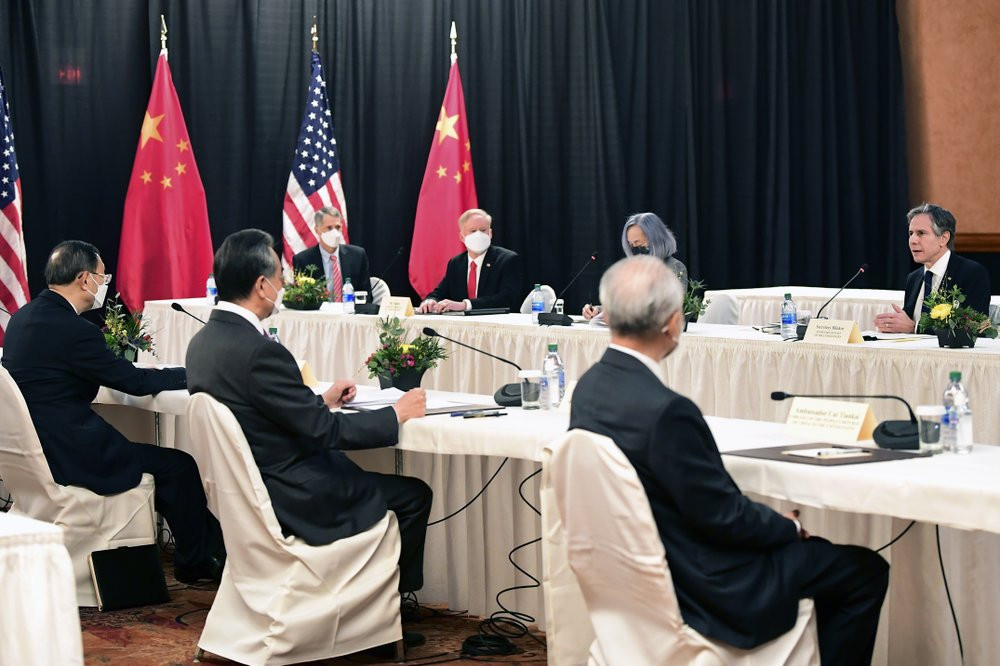 Secretary of State Antony Blinken, far right, speaks as Chinese Communist Party foreign affairs chief Yang Jiechi, left, and China's State Councilor Wang Yi, second from left, listen at the o