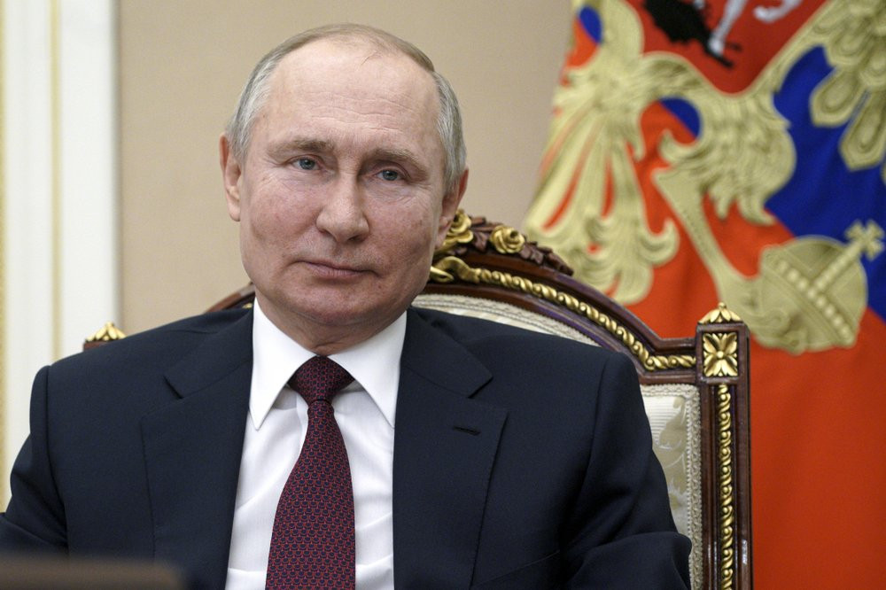 Russian President Vladimir Putin attends a meeting on social and economic development of Crimea and Sevastopol, via video conference in Moscow, Russia, Thursday, March 18, 2021.