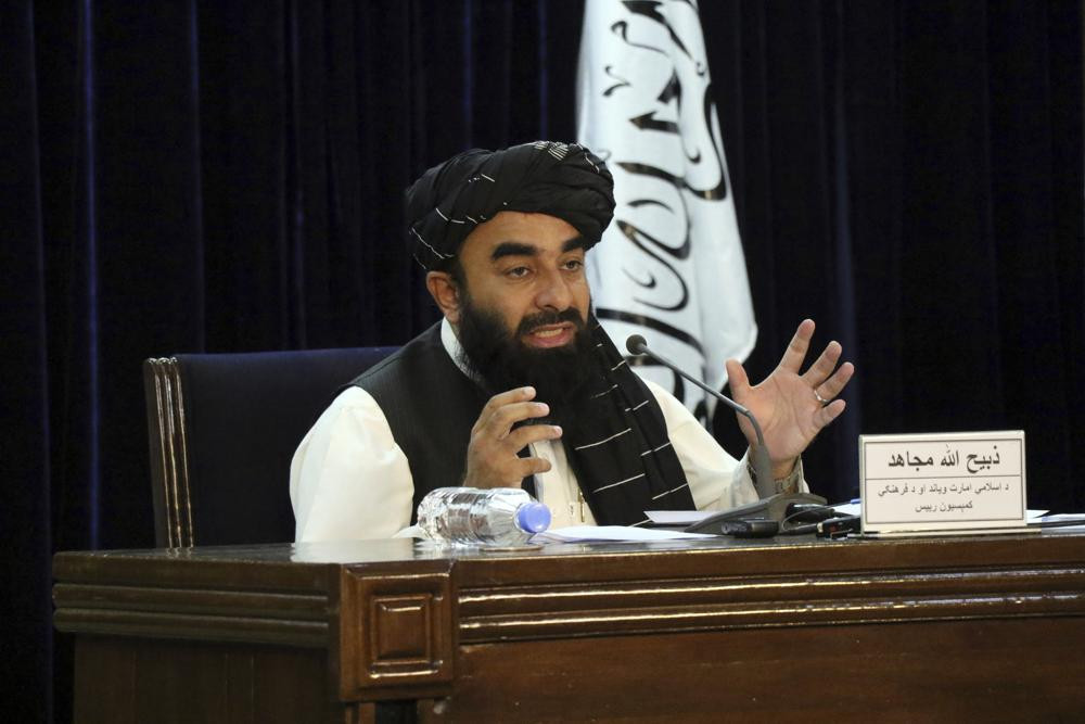 Taliban spokesman Zabihullah Mujahid speaks during a press conference in Kabul, Afghanistan Tuesday, Sept. 7, 2021.