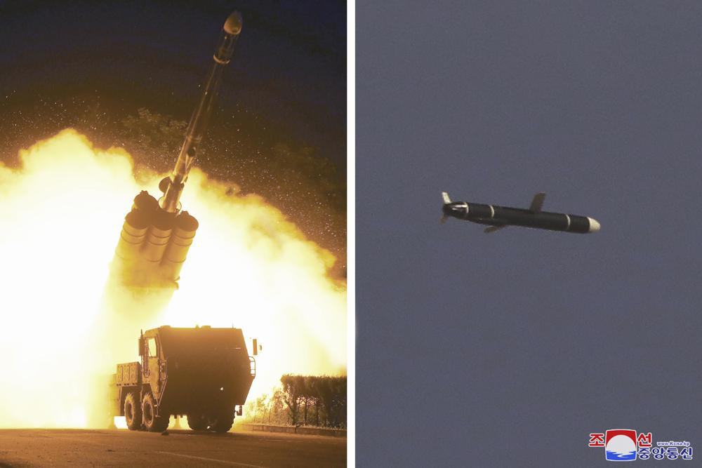 This combination of photos provided by the North Korean government on Monday, Sept. 13, 2021, shows long-range cruise missiles tests held on Sept. 11 -12, 2021 in an undisclosed location of N