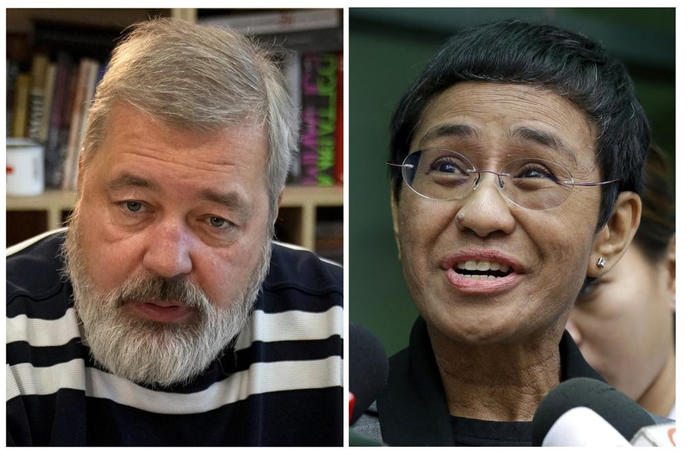 A combo of file images of Novaya Gazeta editor Dmitry Muratov, left, and of Rappler CEO and Executive Editor Maria Ressa.