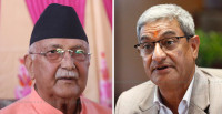 FILE - KP Sharma Oli (left) and Ramesh Lekhak