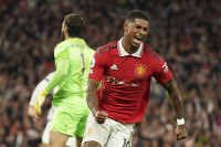 Manchester United's Marcus Rashford celebrates after scoring his side's second goal during the English Premier League soccer match between Manchester United and Liverpool at Old Trafford stadium, in Manchester, England, Monday, Aug 22, 2022. AP/RSS Photo