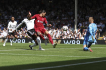 Liverpool's Darwin Nunez, second from left, scores during the English Premier League soccer match between Fulham and Liverpool at Craven Cottage stadium in London, Saturday, Aug. 6, 2022. AP/RSS Photo