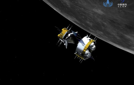 This graphic simulation image provided by China National Space Administration shows the orbiter and returner combination of China's Chang'e-5 probe after its separation from the ascender, at 