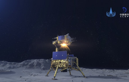 In this China National Space Administration (CNSA) photo released by Xinhua News Agency, a simulated image of the ascender of Chang'e-5 spacecraft blasting off from the lunar surface at the B