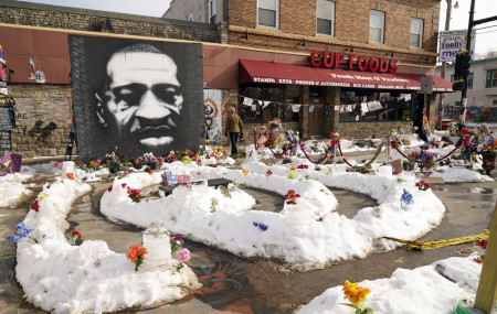 In this Feb. 8, 2021 file photo, A mural of George Floyd is seen in George Floyd Square in Minneapolis.