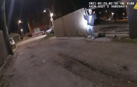 This image from Chicago Police Department body cam video shows the moment before Chicago Police officer Eric Stillman fatally shot Adam Toledo, 13, on March 29, 2021, in Chicago.