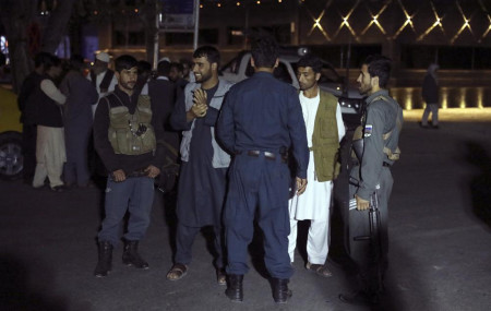 Afghan security police stand guard in front of the hospital in Kabul, Afghanistan, Friday, April 30, 2021.