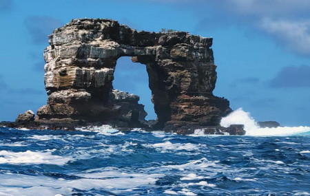 This photo distributed by Galapagos National Park shows Darwin's Arch off the Galapagos Islands, Ecuador, Sunday, May 16, 2021.