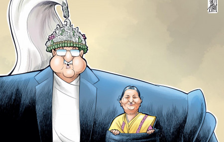 Oli slams cartoon showing president in breast pocket of crowned PM