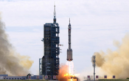 A Long March-2F Y12 rocket carrying a crew of Chinese astronauts in a Shenzhou-12 spaceship lifts off at the Jiuquan Satellite Launch Center in Jiuquan in northwestern China, Thursday, June 1