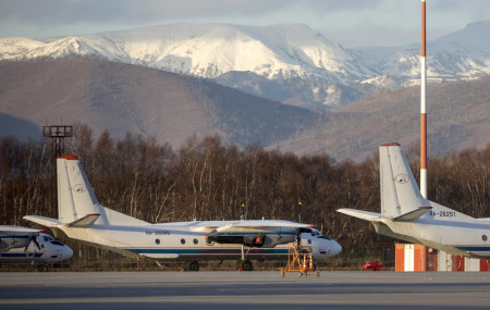 The Antonov An-26 with the same board number #RA-26085 as the missed plane is parked at Airport Elizovo outside Petropavlovsk-Kamchatsky, Russia, Tuesday, Nov. 17, 2020.