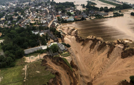 This image provided on Friday, July 16, 2021 by the Cologne district government shows the Blessem district of Erftstadt in Germany.