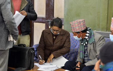 Shrestha Ranjita registering the new party at the Election Commission. Photo/Nisha Bhandari