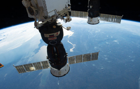 Spacecrafts docked to the International Space Station nearly 257 miles above Ukraine. (NASA Johnson, Flikr).