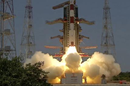 The screengrab from Indian Space Research Organisation (ISRO) Youtube channel shows the Aditya-L1 spacecraft lifts off on board a satellite launch vehicle from the space center in Sriharikota, India, Saturday, Sept 2, 2023. (AP/RSS Photo)