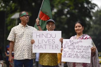 Bangladesh Hindus participate in a protest rally to demand that an interim government withdraw all cases against their leaders and protect them from attacks and harassment in Dhaka, Bangladesh, Saturday, Nov. 2, 2024. (AP Photo)