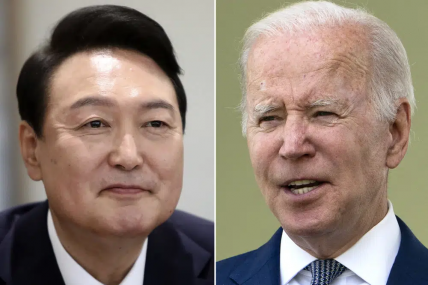FILE - This photo combination of two file photos shows U.S. President Joe Biden, right, in Washington, on May 15, 2022, and South Korean President Yoon Suk Yeol in Seoul, on May 10, 2022. AP/RSS Photo