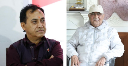 Nepali Congress Vice-president Bishwa Prakash Sharma (left) and CPN-UML Chairman KP Sharma Oli