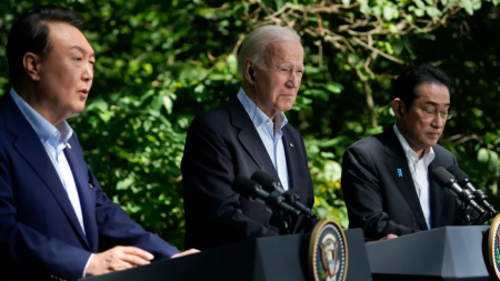 South Korea’s President Yoon Suk Yeol, left, speaks during a joint news conference with President Joe Biden, center, and Japan’s Prime Minister Fumio Kishida on Friday, Aug. 18, 2023, at Camp David, the presidential retreat, near Thurmont, Maryland. AP/RSS Photo