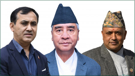 FILE - Nepali Congress President Sher Bahadur Deuba (center) and general secretaries Bishwa Prakash Sharma (left) and Gagan Thapa