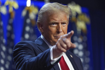 Republican presidential nominee former President Donald Trump arrives at an election night watch party at the Palm Beach Convention Center, Wednesday, Nov. 6, 2024, in West Palm Beach, Fla. (AP Photo)