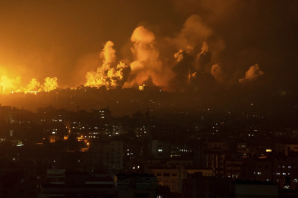 Fire and smoke rise following an Israeli airstrike, in Gaza City, Sunday, Oct. 8, 2023. (AP/RSS Photo)