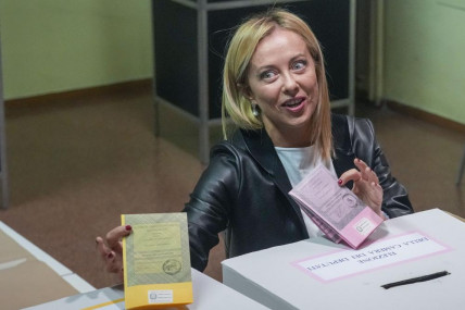 Far-right Brothers of Italy's leader Giorgia Meloni votes at a polling station in Rome, Sunday, Sept. 25, 2022. Italians are voting in a national election that might yield the nation's first government led by the far right since the end of World War II. AP/RSS Photo