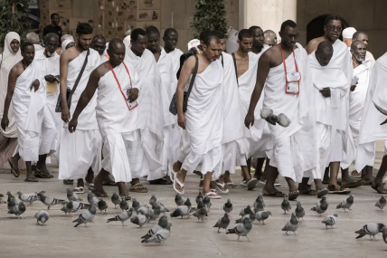 Pilgrims walk beside pigeons outside the Grand Mosque, during the annual hajj pilgrimage, in Mecca, Saudi Arabia, Saturday, June 24, 2023. AP/RSS Photo