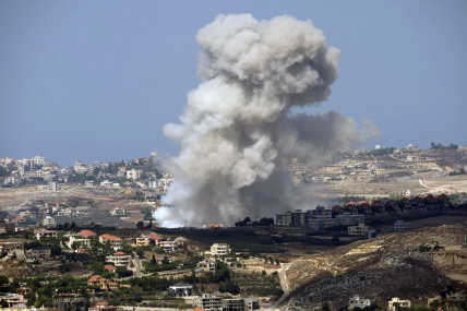 Smoke rises from Israeli shelling on villages in the Nabatiyeh district, seen from the southern town of Marjayoun, Lebanon, Monday, Sept. 23, 2024. (AP Photo)