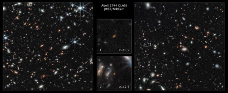This image made available by the Space Telescope Science Institute on Thursday, Nov. 17, 2022, shows two of the farthest galaxies seen to date captured by the James Webb Space Telescope in the outer regions of the giant galaxy cluster Abell 2744. AP/RSS Photo