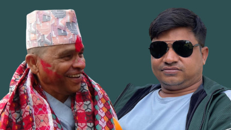 Krishna Raj Subedi (L) and his son Bhishma