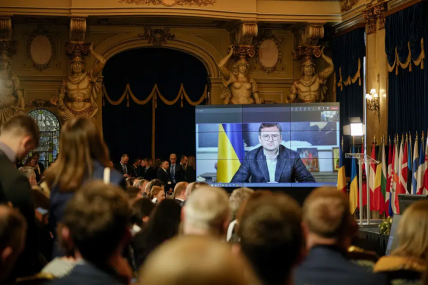Ukrainian Foreign Minister Dmytro Kuleba addresses the participans via video link at the first edition of the Black Sea Security Conference within the International Crimea Platform at the National Military Club in Bucharest, Romania, Thursday, April 13, 2023. AP/RSS Photo