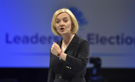 Liz Truss meets supporters at a Conservative Party leadership election hustings at the NEC, Birmingham, England, Tuesday, Aug 23, 2022. (AP/RSS Photo)