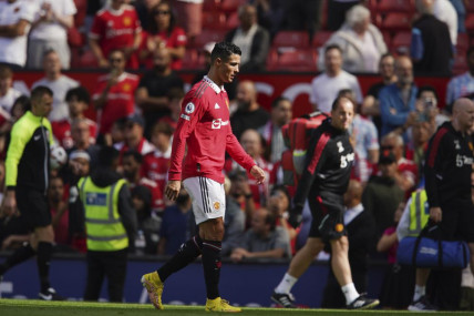 Manchester United's Cristiano Ronaldo walks on the field at the end of the English Premier League soccer match between Manchester United and Brighton at Old Trafford stadium in Manchester, England, Sunday, Aug 7, 2022. Brighton won 2-1. (AP/RSS Photo)