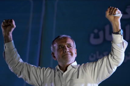 Reformist candidate for the Iran’s presidential election Masoud Pezeshkian clenches his fists during a campaign rally in Tehran, Iran, Wednesday, July 3, 2024.  AP/RSS Photo