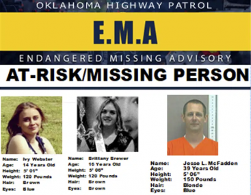 This missing poster provided by the Oklahoma Highway Patrol shows 14-year-old Ivy Webster, left, 16-year-old Brittany Brewer, center, and Jesse McFadden, who were reported missing Monday, May 1, 2023.  AP/RSS Photo