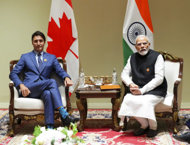 Canadian Prime Minister Justin Trudeau takes part in a bilateral meeting with Indian Prime Minister Narendra Modi during the G20 Summit in New Delhi, India on Sunday, Sept 10, 2023. (AP/RSS Photo)
