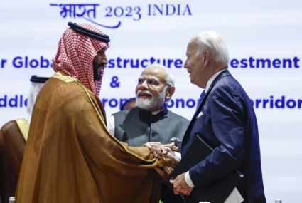 Saudi Arabian Crown Prince Mohammed bin Salman Al Saud, left, and U.S. President Joe Biden, right, shake hands next to Indian Prime Minister Narendra Modi on the day of the G20 summit in New Delhi, India, Sept. 9, 2023.  AP/RSS Photo