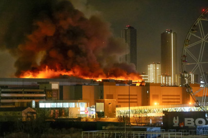 A massive blaze is seen over the Crocus City Hall on the western edge of Moscow, Russia, Friday, March 22, 2024. Several gunmen have burst into a big concert hall in Moscow and fired automatic weapons at the crowd, injuring an unspecified number of people and setting a massive blaze in an apparent terror attack days after President Vladimir Putin cemented his grip on the country in a highly orchestrated electoral landlside. AP/RSS Photo