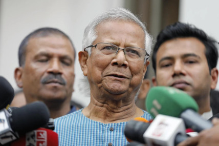 FILE- Nobel laureate Muhammad Yunus speaks to the media after he was granted bail by a court in an embezzlement case, in Dhaka, Bangladesh, Sunday, March 3, 2024. (AP Photo)