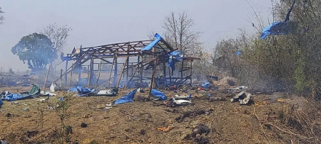 This photo provided by the Kyunhla Activists Group shows aftermath of an airstrike in Pazigyi village in Sagaing Region's Kanbalu Township, Myanmar, Tuesday, April 11, 2023.  AP/RSS Photo