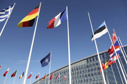 An empty flag pole stands between flags of member nations outside a meeting of NATO foreign ministers at NATO headquarters in Brussels, Tuesday, April 4, 2023. Finland is set to officially become a member of NATO later on Tuesday and take its place among the ranks of the world's biggest security alliance. AP/RSS Photo