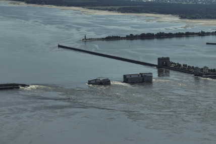 Water flows over the collapsed Kakhovka Dam in Nova Kakhovka, in Russian-occupied Ukraine, Wednesday, June 7, 2023. AP/RSS Photo