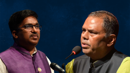 FILE - Raj Kishor Yadav (left) and Upendra Yadav