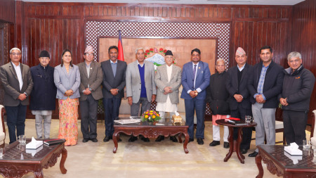 FILE - Leaders of ruling parties after a meeting on February 15.