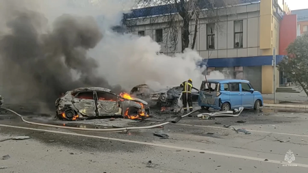 In this photo taken from video released by Russia Emergency Situations Ministry telegram channel on Saturday, Dec. 30, 2023, firefighters extinguish burning cars after shelling in Belgorod, Russia.  AP/RSS Photo