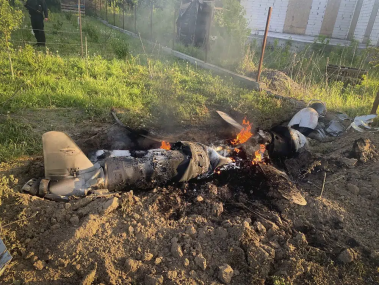 In this photo provided by the Ukrainian Police Press Office, fragments of a Russian rocket which was shot down by Ukraine's air defence system are seen after the night rocket attack in the Kyiv region, Ukraine, Thursday, May 18, 2023.  AP/RSS Photo